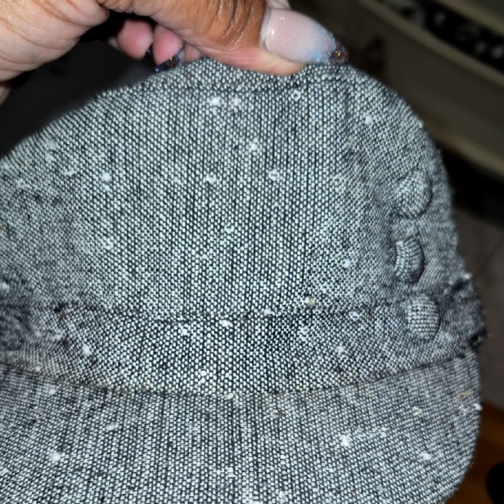 Gray Tweed Hat with Button Detail
